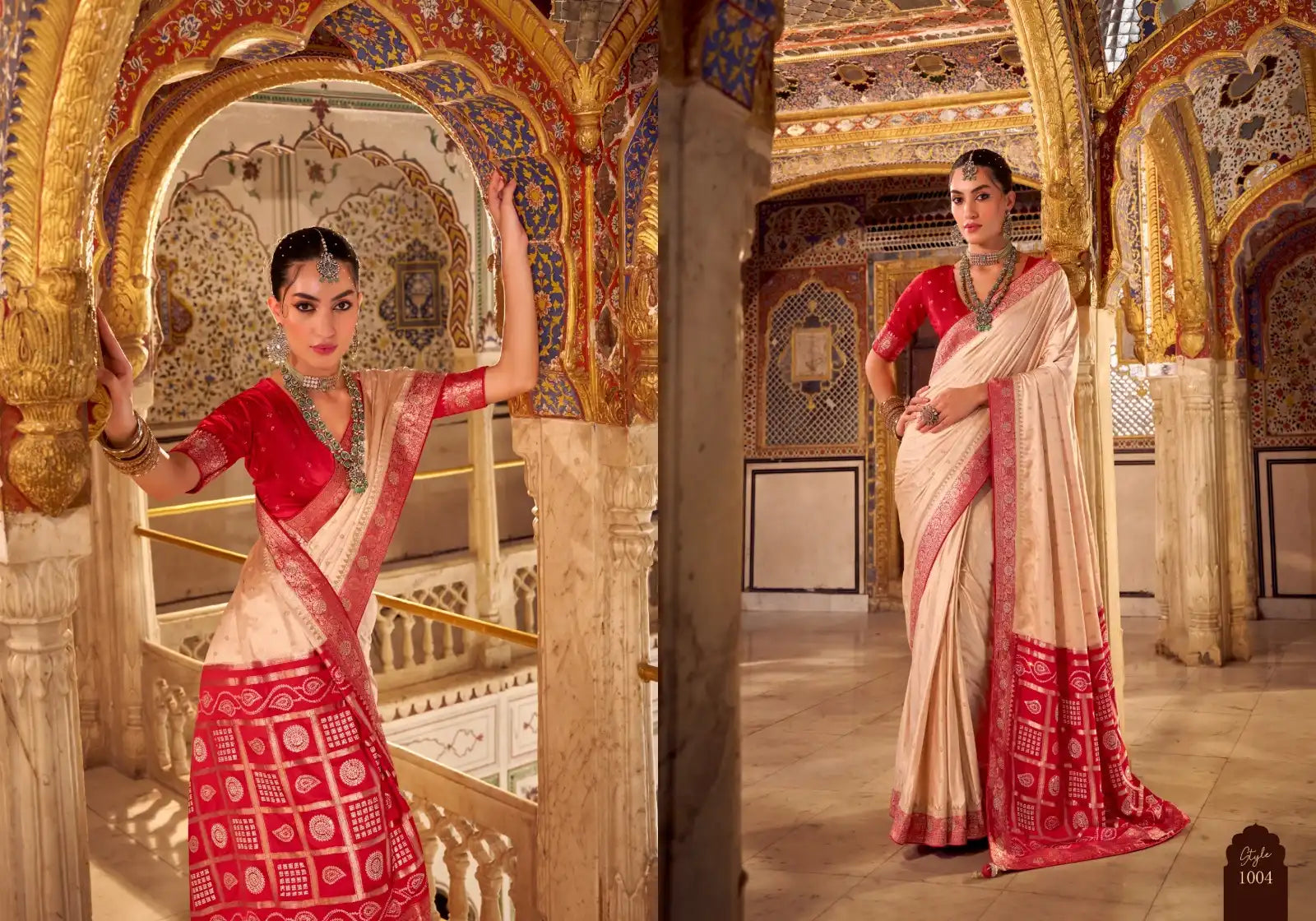 Graceful Cream Satin Silk Saree with Red Border – Perfect for Weddings