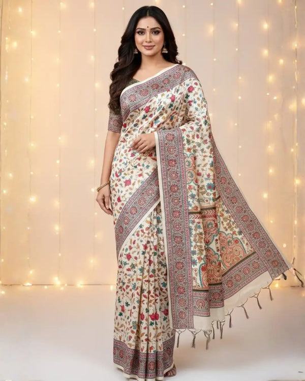 Cream and Multicolor Pure Kashmiri Pashmina Silk Saree with Shawl