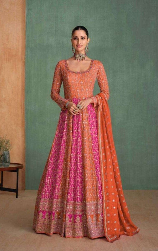Swarovski Embroidered Anarkali Gown in Orange Pink Georgette