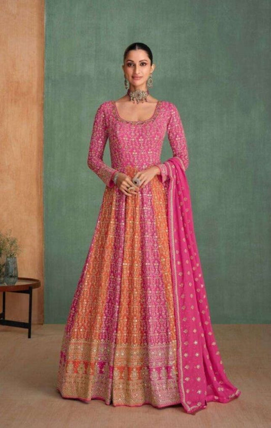 Pink Swarovski Embroidered Georgette Anarkali Gown