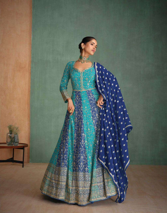 Peacock Blue & Sea Green Swarovski Embroidered Anarkali Gown