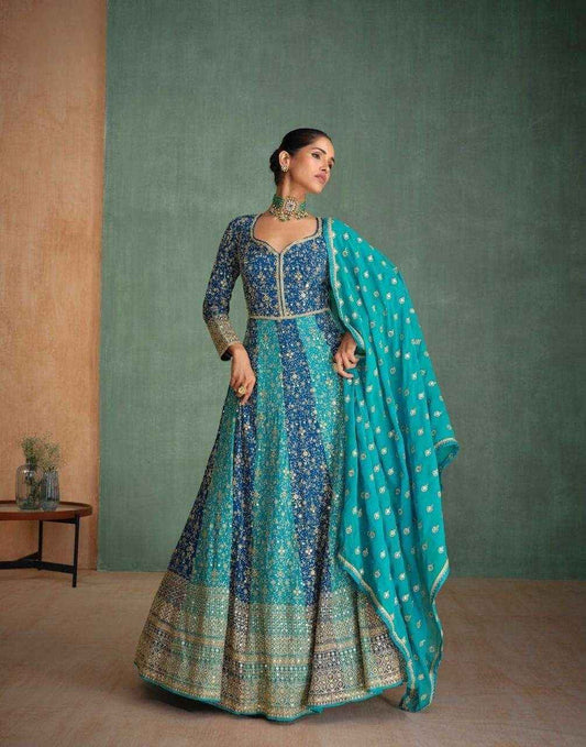Teal Blue Real Georgette Swarovski Embroidered Gown Set