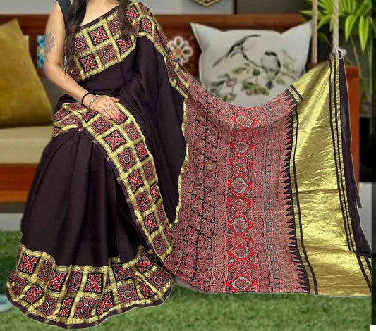 Dark Chocolate Brown Modal Silk Ajrakh Handblock Printed Saree