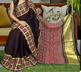 Dark Chocolate Brown Modal Silk Ajrakh Handblock Printed Saree