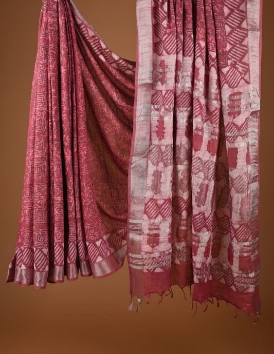 Dusty Rose Hand Block Printed Linen Saree with Blouse