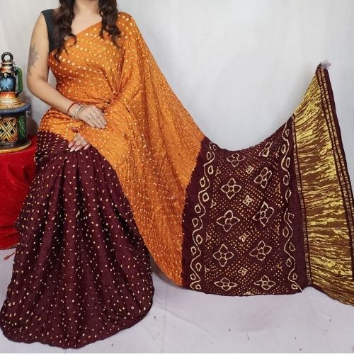 Dark Maroon/Rust Modal Silk Bandhni Saree with Blouse