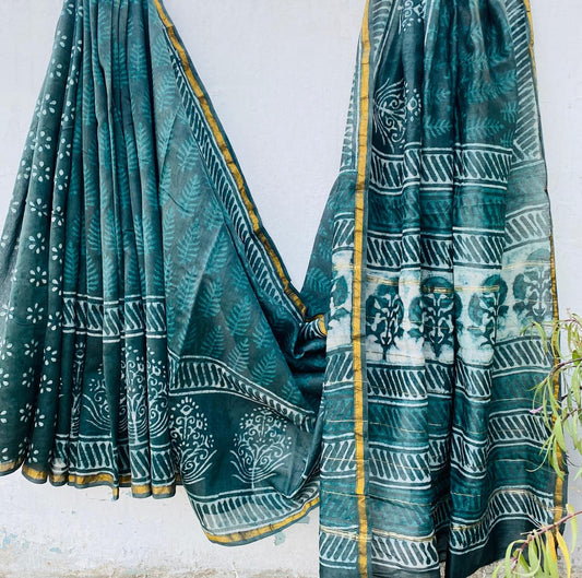Deep Green Chanderi Silk Saree with White Traditional Prints