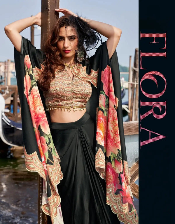 Black Floral Indo Western Crepe Silk Outfit with Designer Jacket