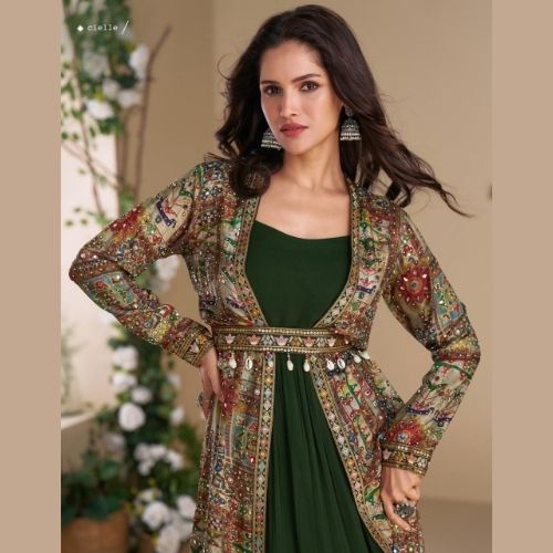 dark green indo western dress for women Georgette Dress Dark Green Indo Western Dress Lehenga Designs Western Lehenga Online Novel Dark Green Festive