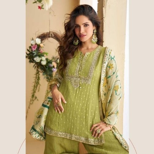 Elegant Green Chinon Silk Sharara Suit with Embroidered Dupatta