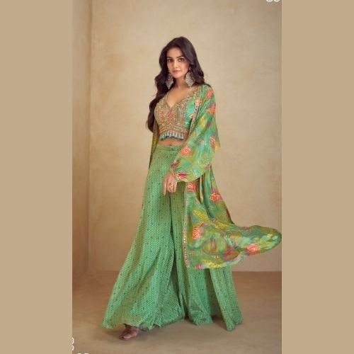 Green Printed Indo Western Dress in Real Chinon Silk with Jacket