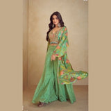 Green Printed Indo Western Dress in Real Chinon Silk with Jacket