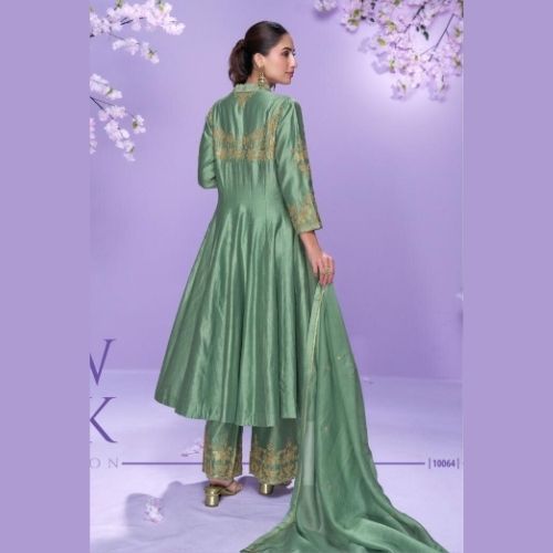 Green Roman Silk Palazzo Set with Embroidered Organza Dupatta