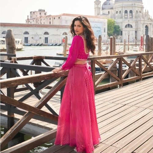 Hot Pink Embroidered Silk Indo-Western Palazzo Set with Dupatta