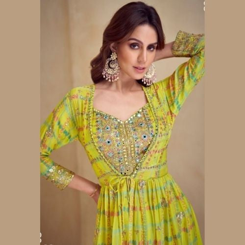 Lime Yellow Indo Western Dress with Real Chinon Silk Palazzo