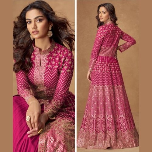 Magenta Real Georgette Anarkali Gown with Embroidered Dupatta