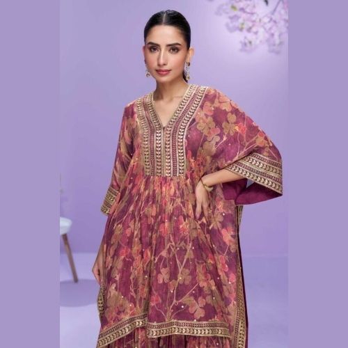 Maroon Georgette Embroidered Kaftan Suit with Gharara