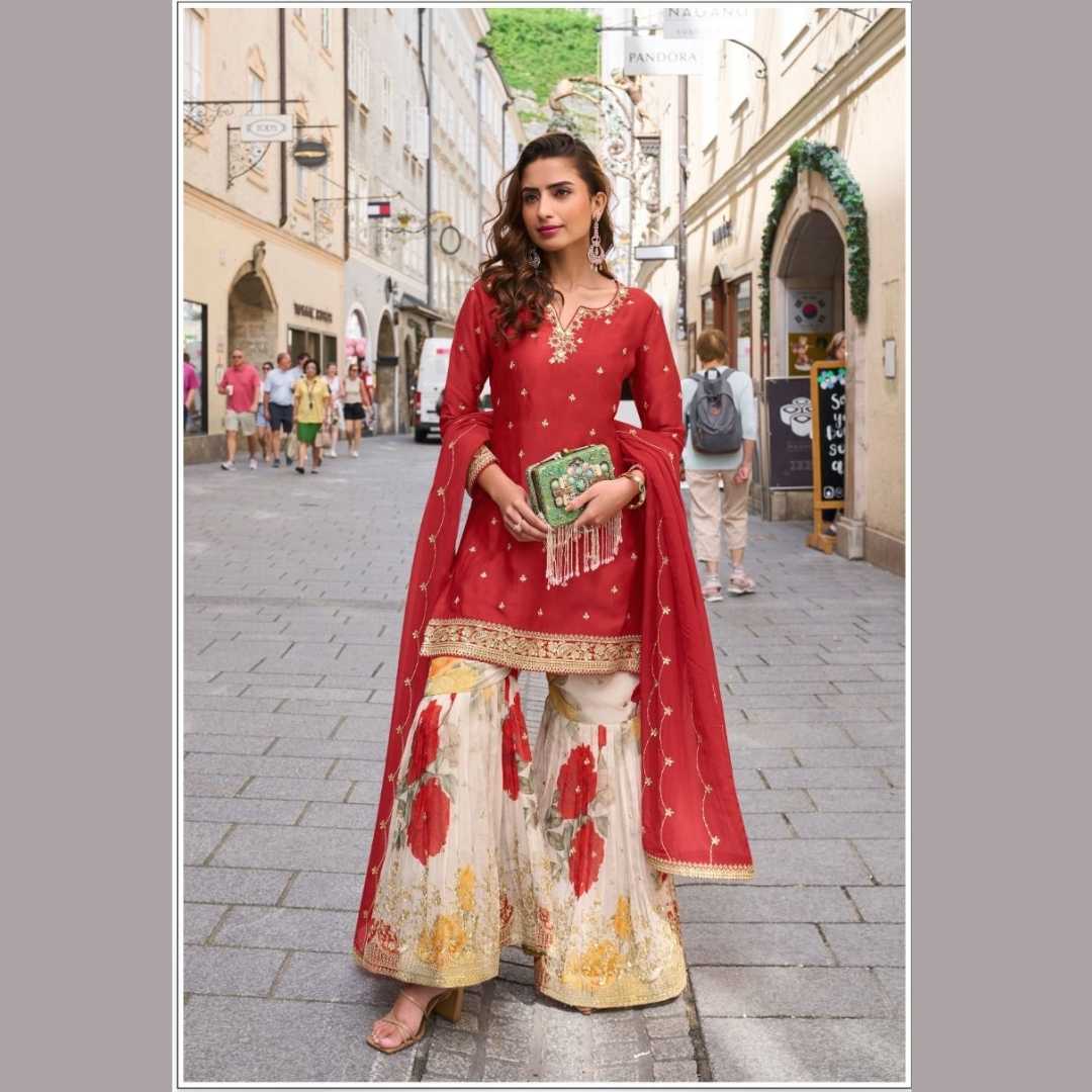 Maroon Real Chinon Sharara Suit with Floral Tabi Silk Gharara