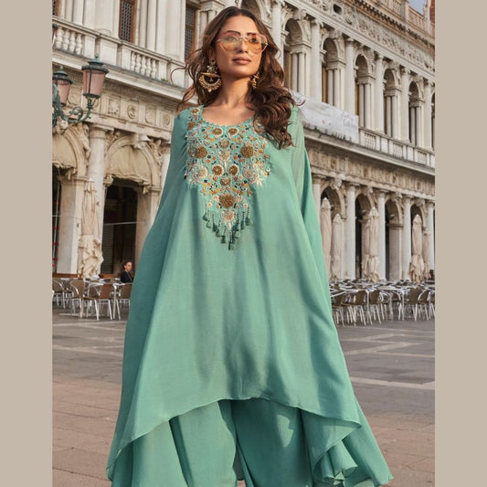 Mint Green Hand-Embroidered Kaftan Coord Set in French Crepe Silk
