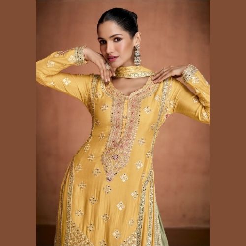 Mustard Yellow Real Chinon Sharara Suit with Dupatta & Embroidery
