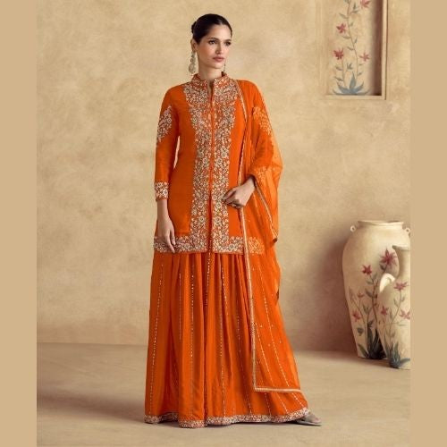 Orange Chinon Silk Embroidered Sharara Suit with Net Dupatta