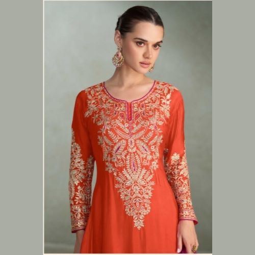 Orange & Pink Real Chinon Palazzo Suit with Embroidered Dupatta