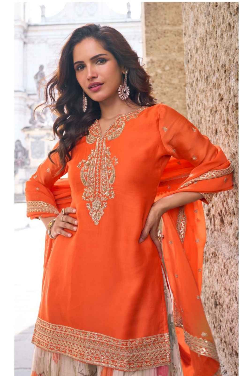 Orange Real Chinon Sharara Suit with Floral Beige Sharara
