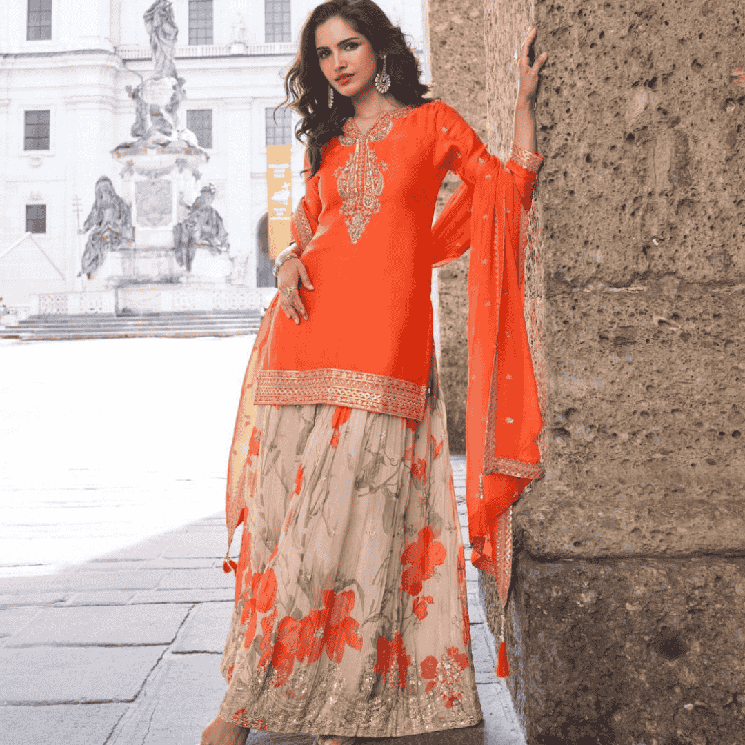 Orange Real Chinon Sharara Suit with Floral Beige Sharara