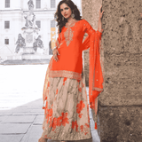 Orange Real Chinon Sharara Suit with Floral Beige Sharara