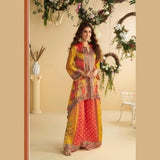 Orange & Yellow Digital Crepe Silk Mirror Work Coord Set for Women