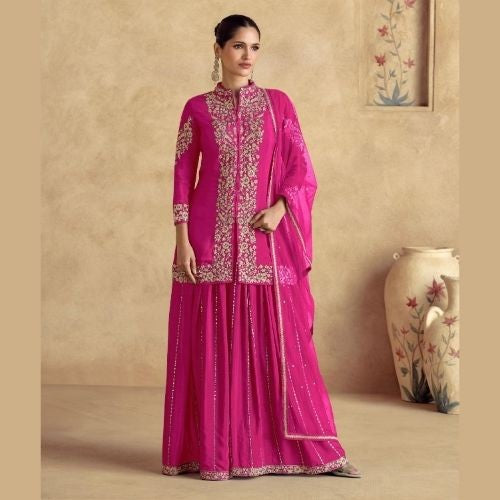 Pink Chinon Silk Sharara Suit with Embroidered Jacket & Dupatta