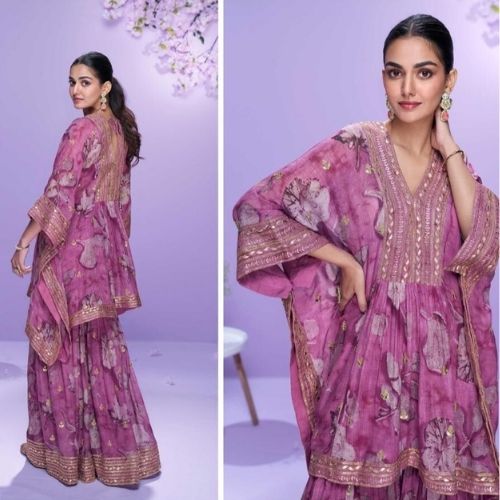 Pink Georgette Embroidered Kaftan with Gharara for Women