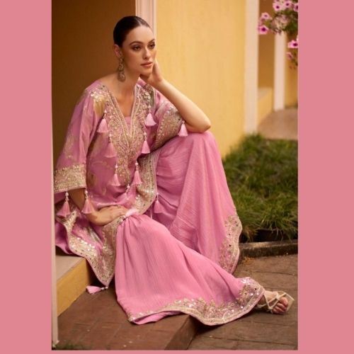Pink Jacquard Silk Kaftan Suit with Gharara & Mirror Work