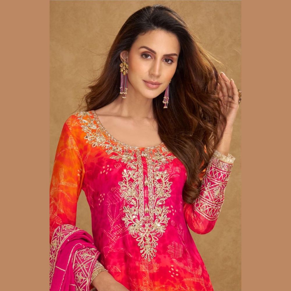 Pink & Orange Heavy Embroidered Chinon Silk Palazzo Suit Set
