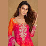 Pink & Orange Heavy Embroidered Chinon Silk Palazzo Suit Set