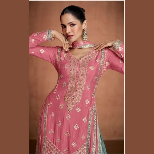 Pink & Teal Real Chinon Sharara Suit with Dupatta & Embroidery