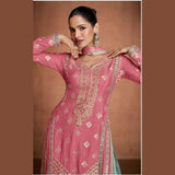 Pink & Teal Real Chinon Sharara Suit with Dupatta & Embroidery