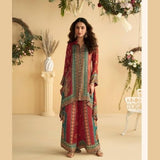 Red & Teal Digital Print Crepe Silk Coord Set with Mirror Work