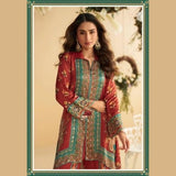 Red & Teal Digital Print Crepe Silk