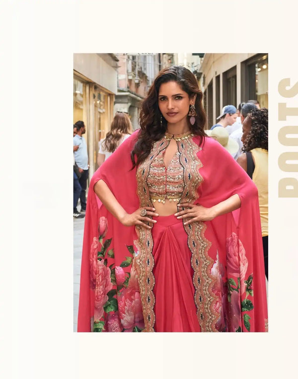 Rose Pink Indo-Western French Crepe Silk Jacket Dhoti Set