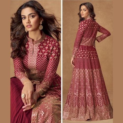 Wine Red Embroidered Georgette Anarkali Gown with Dupatta