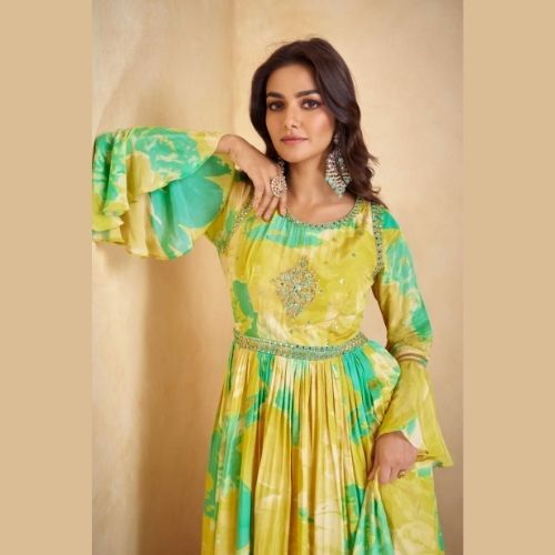 Yellow Green Real Chinon Digital Print Gown with Dupatta