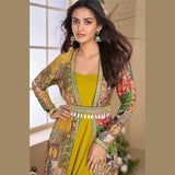 Yellow Indo Western Shrug Suit Set in Georgette & Silk
