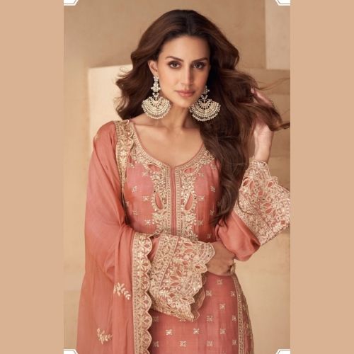 Dusty Pink Real Chinon Wedding Wear Palazzo Suit with Dupatta