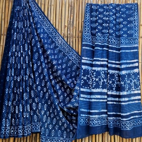 Indigo Blue Leaf Motif Batik Print Mulmul Cotton Saree
