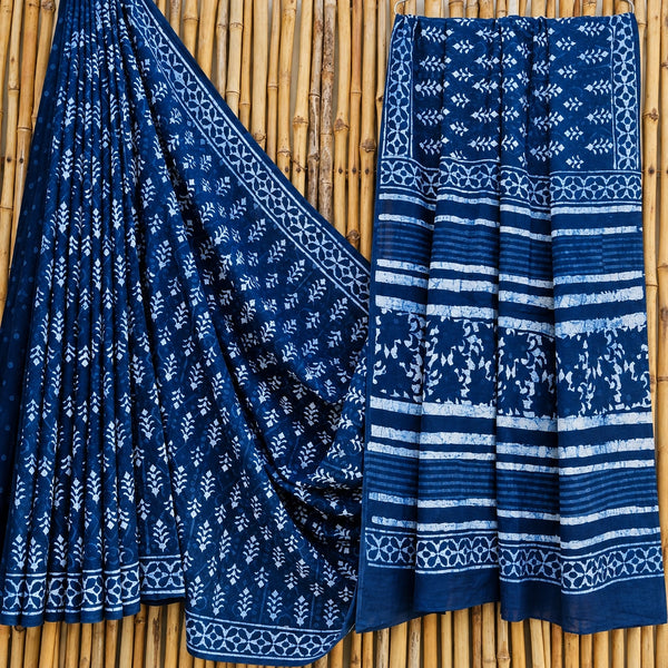 Indigo Blue Leaf Motif Batik Print Mulmul Cotton Saree