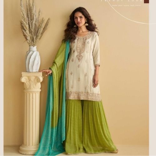 Beige & Green Premium Chinon Silk Embroidered Gharara Suit