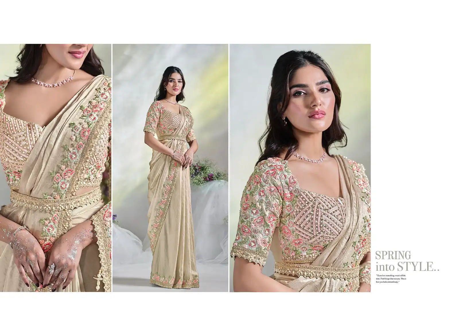 Beige Ready-to-Wear Two Tone Satin Silk Saree with Embroidered Blouse