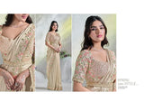 Beige Ready-to-Wear Two Tone Satin Silk Saree with Embroidered Blouse