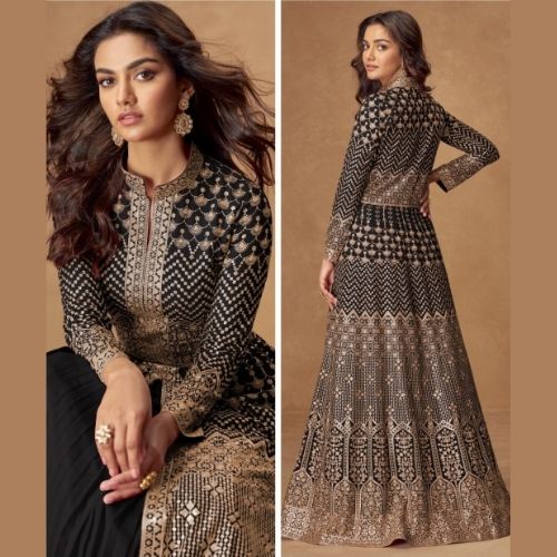 Black Real Georgette Embroidered Anarkali Gown with Dupatta